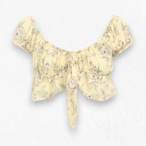 Almost Famous Lemon Yellow Floral Boho Peasant Front Tie Crop Top Size Large